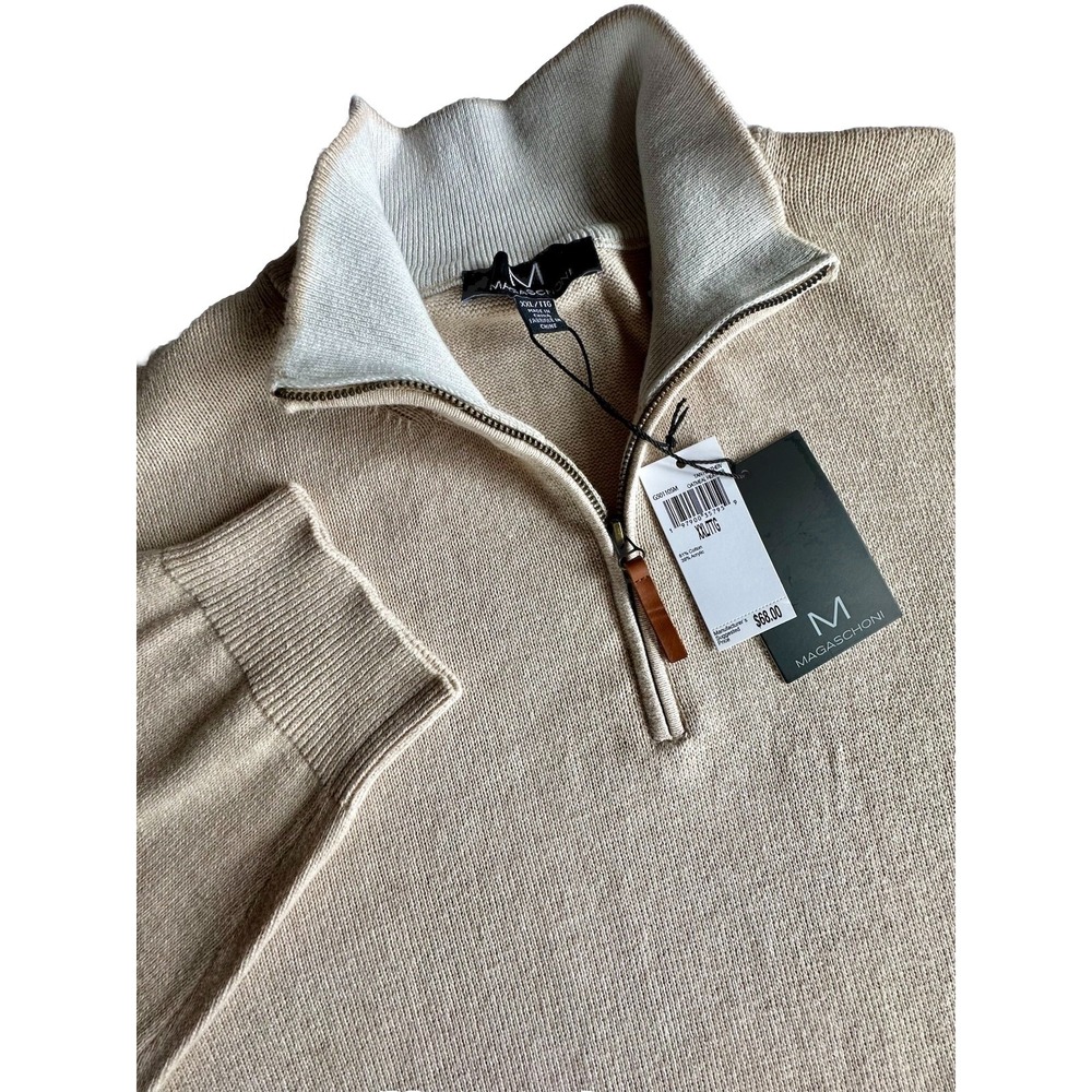 Magaschoni Mens Quarter Zip Pullover Sweater Oatmeal Heather XXL G501105M NEW